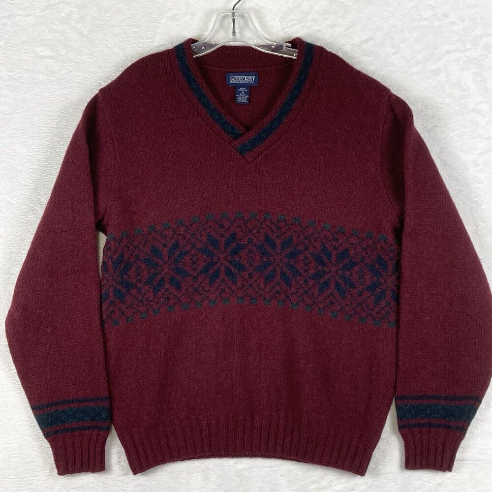 VTG Lands End Sweater Men M Burgundy V-Neck Wool Fair Isle Nordic Preppy 80s USA
